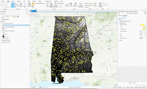 Figure 10. A map with the colony location point data, the DEM, and the county boundary layer displayed in ArcGIS. The symbology of the polygon layer has been changed to hollow polygons so the DEM is visible even though it is technically under the county layer.