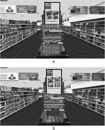 Figure 1. Screenshots of the virtual supermarket (VSM): (a) Location-incongruent shelf pictured, with meal mix ad. (b) Location-congruent shelf pictured, with soup ad.