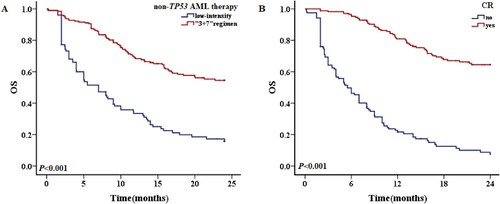 Figure 7. The 2-year OS of patients without TP53 mutations. A: OS of patients with different treatment regimens. B: OS of patients weather CR or nor.