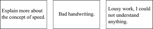 Figure 3. The feedback example cards discussed in one training session. The class agreed that the first critique was worth considering, whereas the third was unhelpful, offensive, and not worth keeping.