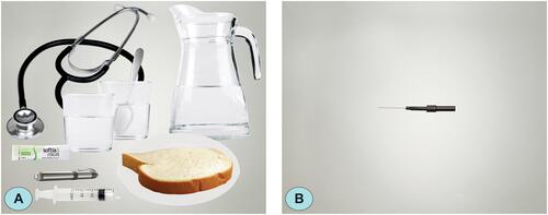 Figure 1 Materials for GUSS and NIHSS. (A) Materials required for GUSS include 2 cups, a teaspoon, a bottle of drinking water, a stethoscope, a syringe, a penlight, food thickener and a piece of bread. (B) The tool needed to evaluate NIHSS only a sharp needle.Abbreviations: GUSS, Gugging Swallowing Screen; NIHSS, National Institutes of Health Stroke Scale.