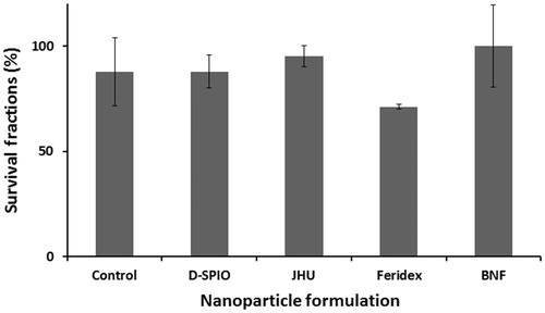 Figure 4. Survival fraction of DU-145 cells at 100 pg Fe/cell loading. Cells were incubated 24 h with various nanoparticle formulations.