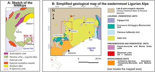 Figure 1. (a) Main geological units of the NW Alps; (b) simplified geological map of the central Ligurian Alps and location of the study area (red box).