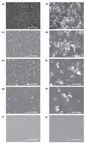 Figure 1 Scanning electron micrographs of the ZnO/PU composites. 50:50 (PU:ZnO) wt.% at 6,000X (a) and 30,000X (b); 75:25 (PU:ZnO) wt.% at 6,000X (c) and 30,000X (d); 90:10 (PU: ZnO) wt.% at 6,000X (e) and 30,000X (f); 98:2 (PU:ZnO) wt.% at 6,000X (g) and 30,000X (h); 100:0 (PU:ZnO) wt.% at 6,000X (i) and 30,000X (j).Notes: Scale bar for images in left column = 5 μm. Scale bar for images in right column = 1 μm.