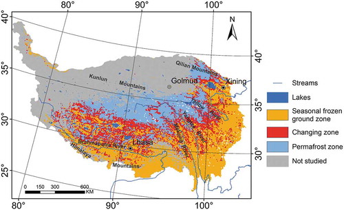 Figure 4. Simulated subzones in the Tibetan Plateau. Seasonal frozen ground zone, changing zone, and permafrost zone account for about 46.1 percent, 23.3 percent, and 30.6 percent of the study area, respectively.