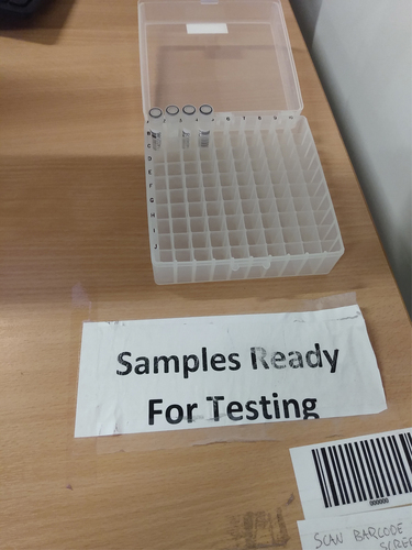 Figure 2. Saliva samples in a test rack for collection, Main Library (photo by Imogen Bevan, Citation2022).