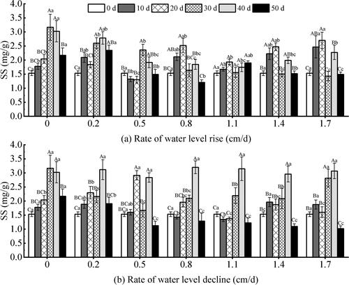 Figure 13. Effect of water level change on soluble sugar (SS) content of V. natans. Different capital letters indicate the difference between the same change rate and different test times, and different lowercase letters indicate the difference between the same test time and different change rates.