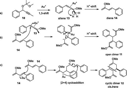 Scheme 5. Proposed pathways for (a) gold-catalyzed generation of allene 13 and diene 14 intermediates from propargyl acetal 10; (b) dimerization of diene 14 with allene 13 to give open dimer 11 and (c) dimerization of two units of diene 14 to give cyclic dimer 12.