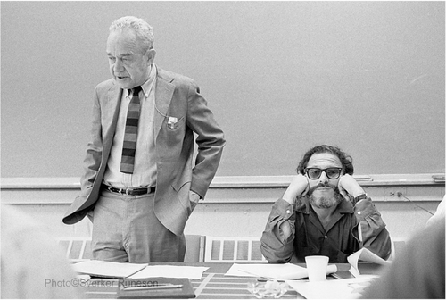 FIGURE 3 James Gibson (left) and Julian Hochberg. Ecological Optics conference, Cornell University, 1970. Courtesy of Sverker Runeson.