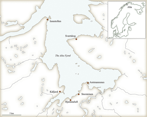 Fig. 1. Rock art sites with engravings in the Alta Fjord. (Map: K. Tansem).