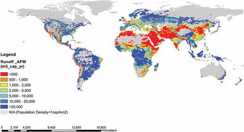 Figure 4. Spatial distribution of available freshwater (m3/capita/year).