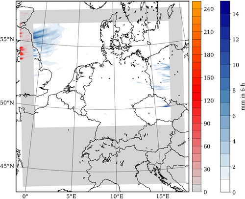 Fig. 5. The domain of the COSMO-REA2 data set (gray box) and the data domain analyzed here (inner white box). The blue colorbar shows the precipitation (6 h-sum) from 29.06.2007 at 0:00 UTC with respect to the inner domain. The red colorbar shows the precipitation inside the gray box.