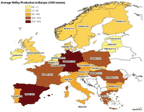 Figure 1. Distribution of average honey production in Europe combining FAOSTAT and EUROSTAT data (reprinted figure with permission from EFSA (2008)).