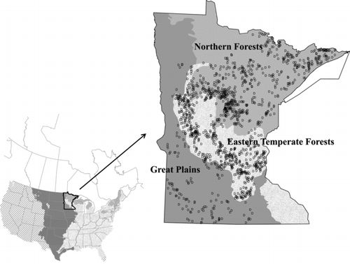 Figure 1 Distribution of 1330 study lakes across Minnesota shown with 3 major EPA level I ecoregions represented in Minnesota (Omernik Citation1987; Northern Forests, Eastern Temperate Forests, and Great Plains). The inset shows the U.S. distribution of the same 3 ecoregions (cross-hatched areas denote other ecoregions).