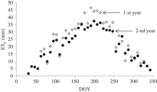 Figure 3. Average crop evapotranspiration (ETC) for terraced mango trees estimated in drainage lysimeters during the two-year monitoring period. DOY, day of the year.
