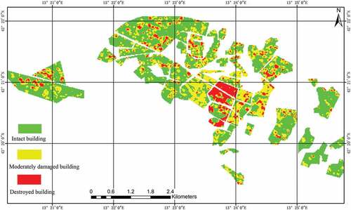 Figure 10. Distribution map of earthquake damage using the STFCCD method. The discrete pixels in the result are processed by merging
