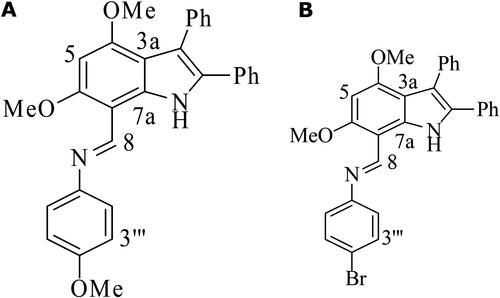 Figure 1. Molecular structures of Indole Imine(s) A: Compound 389; N-(4-Methoxyphenyl) (4,6-dimethoxy-2,3-diphenyl-1H-indol-7-yl) methanimine, B: Compound 393; N-(4-Bromophenyl) (4,6-dimethoxy-2,3- diphenyl-1H-indol-7-yl) methanimine.