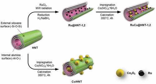 Scheme 1. Synthesis of cobalt (Co/HNT) and ruthenium-cobalt (RuCo@HNT-1,2) Fischer-Tropsch catalysts inside aluminosilicate nanotubes.