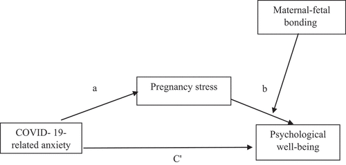 Figure 1. Basic Schematic Moderated Mediation Model for Psychological Well-Being by COVID−19-related Anxiety, Pregnancy Stress and Maternal-Fetal Bonding.