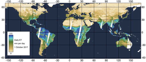 Figure 6. Global evapotranspiration (mm d−2) for a single day at 1 km resolution for PT-JPL from MODIS (Fisher, Citation2018).