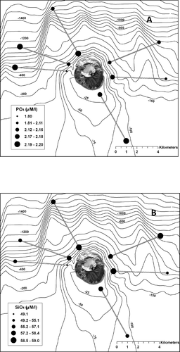 Figure 2 Post-eruption nutrient concentrations from water samples collected in June 2009 (Phosphorous–A, Silicate–B). Water was collected at 10 m. Lines between sampling points indicate the spokes surveyed for seabirds.