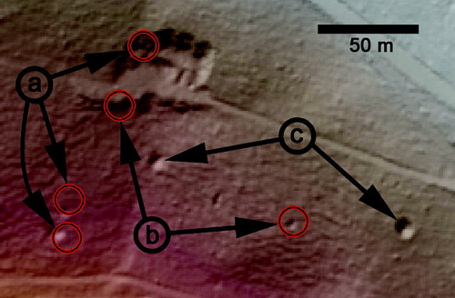 Figure 2. Averaged GPS waypoints taken at the centers of landforms during field work in the forest: (a) GPS waypoint with random offset from the position in the DEM, (b) GPS waypoints fit the DEM, (c) landforms not detected in the field due to dense vegetation cover.