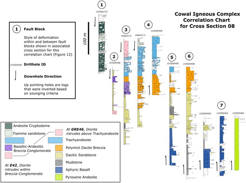 Figure 13. Cowal Igneous Complex (CIC) facies architecture project. This is the correlation chart for the cross-section shown in Figure 12.
