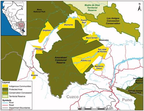 Figure 1. Map of the Amarakaeri Communal Reserve and surrounding areas in Madre de Dios, Peru, delineating its boundaries and land tenure of indigenous communities, concessions, and territorial reserves. (Produced by: Amazon Conservation Association).