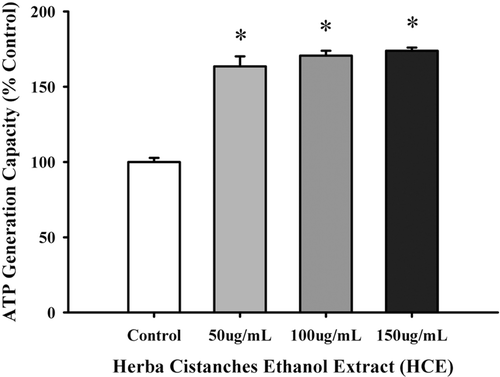 Figure 2.  The effect of Herba Cistanches ethanol extract (HCE) on ATP generation capacity (ATP-GC) in H9c2 cells. H9c2 cells were incubated with HCE at the indicated concentrations for 4 h. ATP-GC was measured as described in Materials and Methods. Data were expressed in percent control with respect to the herbal extract-untreated control (control AUC2 (arbitrary unit) value = 851.03 ± 6.97). Values given are mean ± SEM, with n = 6. *Significantly different from the Control group.