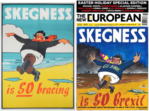 Figure 7. Skegness from ‘Bracing’ to ‘Brexit’. Sources: Left: Hassall, J. (1868 – died 1948) (artist) for London and North Eastern Railway (issuer); Right: The New European/cartoon by Martin Rowson. https://www.theneweuropean.co.uk/top-stories/this-is-why-skegness-is-the-seaside-town-brexit-could-close-down-1-4977081.