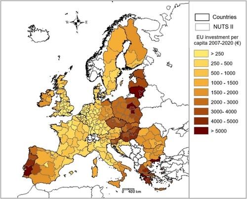 Figure 2. EU investment per capita (2007-2020). Source: own elaboration based on https://cohesiondata.ec.europa.eu.