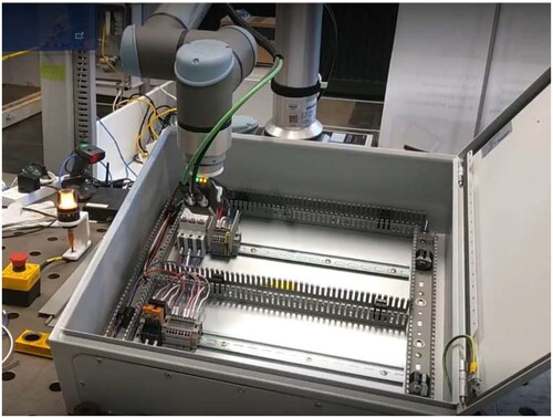 Figure 3. Electrical cabinet containing completed wiring undergoing cobot inspection.