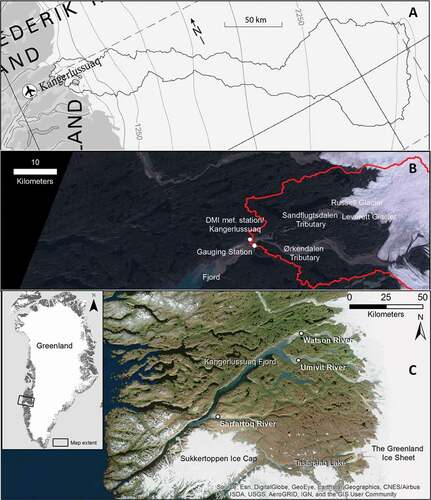 Figure 1. (A) GrIS catchment after Lindbäck et al. (Citation2015); (B) proglacial area; and (C) Watson River and the fjord Kangerlussuaq