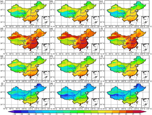 Fig. 2 Spatial distribution of seasonal mean surface air temperature (°C) averaged during the 1996–2005 period as observed (OBS) and as simulated by CCSM4 and downscaled by WRF: (a) OBS (MAM), (b) CCSM4 (MAM), (c) WRF (MAM), (d) OBS (JJA), (e) CCSM4 (JJA), (f) WRF (JJA), (g) OBS (SON), (h) CCSM4 (SON), (i) WRF (SON), (j) OBS (DJF), (k) CCSM4 (DJF), and (l) WRF (DJF), where MAM is March, April, and May; JJA is June, July, and August; SON is September, October, and November; and DJF is December, January, and February.
