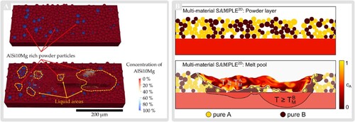 Figure 28. Recent multimaterial PBF models: (A) the 3D SPH framework of [Citation148] for a bi-metal powder system; (B) the 2D lattice-Boltzmann framework of [Citation171] for in-situ alloying of AB with two pure element powders A and B. Both works were published in 2021.