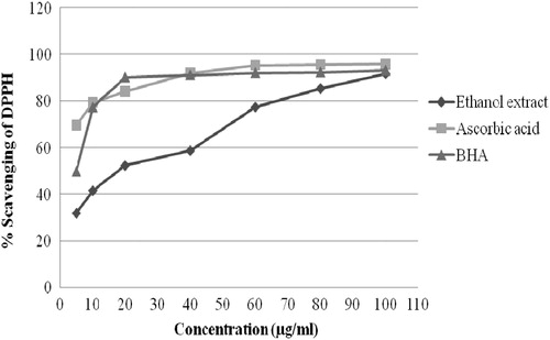 Figure 1. DPPH radical scavenging activity of the ethanol extract of A. conyzoides leaves and the reference standard (ascorbic acid and BHA). The values are the average of triplicate experiments and are represented as mean ± standard deviation.