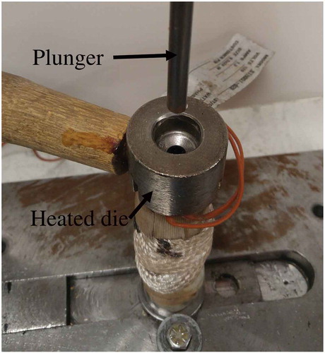 Figure 1. Images of setup for single pelleting unit die and plunger assembly.