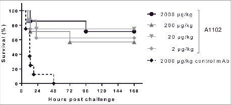Figure 4. Protection in a rabbit model of bacteremia. Groups of 4 rabbits were immunized i.v. with the indicated doses of A1102 or an isotype-matched irrelevant control mAb. Next day, the animals were challenged i.v. with a lethal dose (5 × 109 CFU/kg) of ST258 strain Kp151. Infected animals were monitored every 3 h for the first day and then daily for 7 d. The graph represents combined data from 2 independent experiments (n = 8 per group in total) with similar outcome.