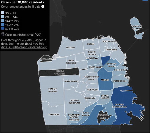 Figure 2. Cases of COVID-19 per 100,000 resident by neighbourhood in San Francisco (https://data.sfgov.org/).