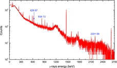 Figure 4. γ-ray spectrum measured by an HPGe detector after irradiating a Ga metal sample with an 241Am-Be neutron source. The main γ-rays emitted via the decay of 72Ga at 629.97, 834.13 and 2201.59 keV could be measured separately from background γ-rays.