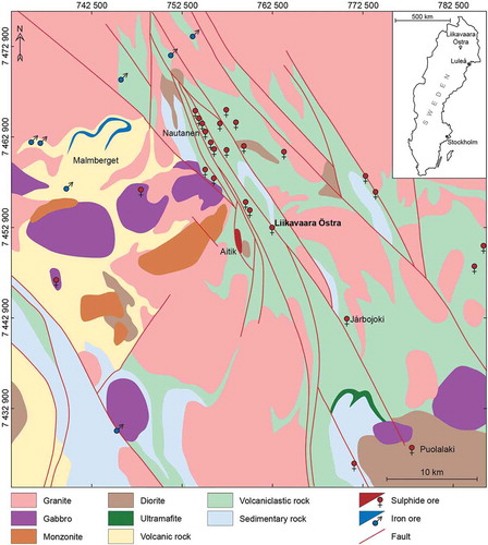 Figure 1. Location of the Liikavaara Östra Cu-(W-Au) deposit and geology of the Gällivare area (modified from Martinsson & Wanhainen Citation2004). The SWEREF99 TM coordinate system is used. Note, all rocks are metamorphosed, the prefix “meta-” is left out to keep rock names short.