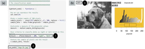 Fig. 7 Example of a classification model articulated with code with the output generated from the model.