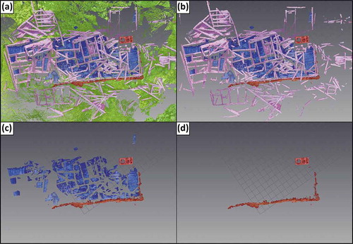 Figure 5. Point cloud separated into layers: (a) the terrain (green), floor (blue), support beams (pink) and foundation (red) layers; (b) three of the layers; (c) two of the layers; and (d) the foundation layer.