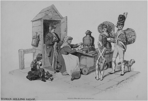 Figure 2. The figures in the image demonstrate the cross-section of society associated with these stalls, specifically its labouring poor. William Henry Pyne, London Street Life by, 1805 image © London Metropolitan Archives (City of London).