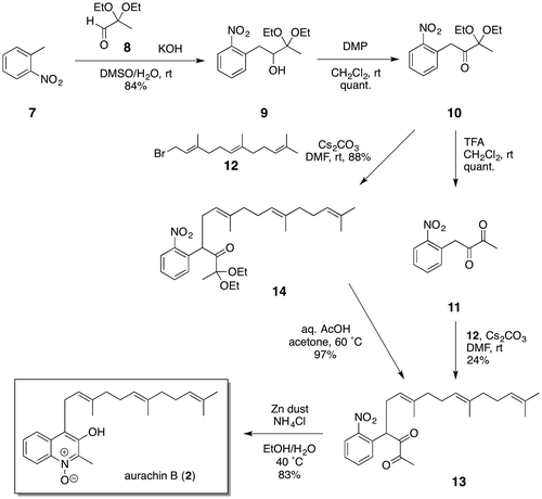 Scheme 1. Synthesis of aurachin B (2).