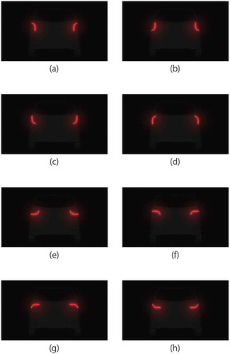 Figure 3. Recreated Stimulus Material. The eight designs were recreated in terms of the curvature of the tail lamps and used for the stimulus material in Test 5: Subjective Evaluation Experiment 2. Each of subfigures (a)-(h) indicates the Stimulus A-H