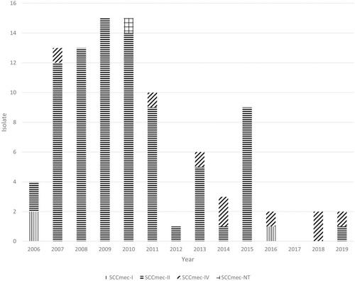 Figure 1 Distribution of SCCmec by year. A predominance of SCCmec-II was observed from 2006 to 2013 and in 2015. The first occurrence of SCCmec-IV was detected in 2007.