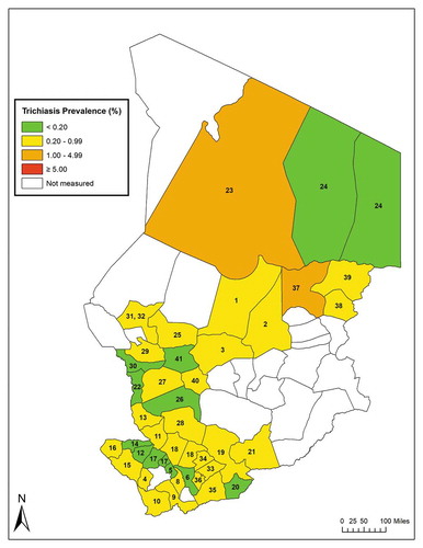 Figure 2. Prevalence of trichiasis in ≥ 15-year-olds, Global Trachoma Mapping Project, Chad, 2014–2015. Evaluation units are labelled with numbers; the key is found in Tables 2, 3 and 4.