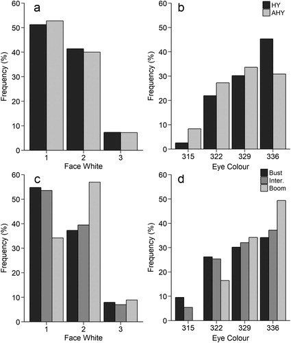 Figure 6. Per cent of female Northern Saw-whet Owls in each age category (a, b; n = 907, 48.18% HY, 51.82% AHY) and stage in the boom–bust cycle (c, d; n = 907, 13.89% bust, 77.40% intermediate, 8.71% boom). (a) Face white in relation to age from least white to most white, X2 = 0.21, df = 2, P = 0.90. (b) Eye colour in relation to age from darkest to lightest, X2 = 29.61, df = 3, P < 0.001. (c) Face white in relation to stage in the boom–bust cycle, from least white to most white, X2 = 11.53, df = 4, P < 0.05. (d) Eye colour in relation to stage in the boom–bust cycle, from darkest to lightest, X2 = 14.02, df = 6, P < 0.05.