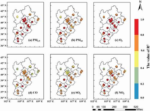 Figure 10. Spatial distribution of the R2 values for various air pollutants at each station in the BTH area